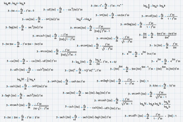 Fototapeta na wymiar Logarithmic, derivative, trigonometric, logarithmic, hyperbolic and inverse equations and formulas on graph paper background
