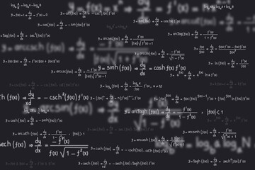 Equations and formulas of logarithms, derivatives, trigonometric, logarithmic, hyperbolic and inverse on black background