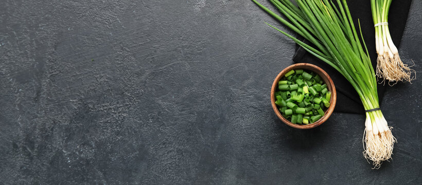 Composition with green onion on dark background with space for text, top view
