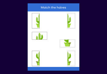 Matching game. Match halves of objects. Educational game for children, printable worksheet