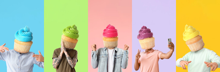 Men with sweet cupcakes instead of their heads on color background