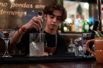 Concentrated young bartender preparing a glass with ice and drink for a client.