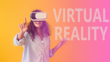 African-American woman with VR glasses and text VIRTUAL REALITY on color background