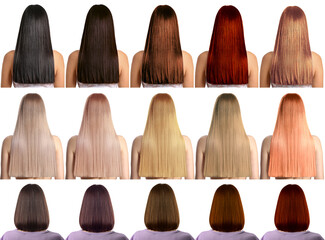 Set of beautiful young women with different hair color on white background