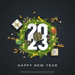 Happy new year 2023 numbers on green fir branches square black background