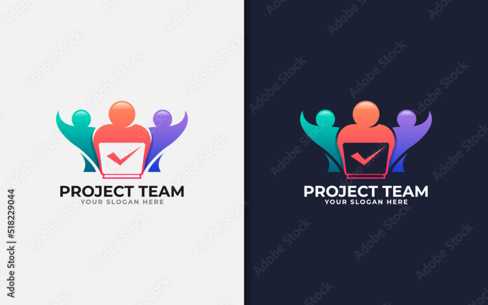 Poster Project Team Logo Design. Modern People Group with Colorful Gradient Who is Working on a Project with a Laptop Concept.