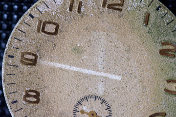 Old clock face close-up. Vintage broken clock
