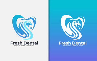 Fresh Dental Logo Design. Abstract Teeth Combined with Stylish Blue Water Wave Concept.
