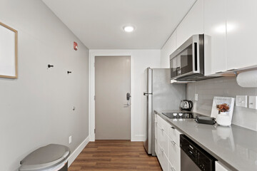 White apartment with wide open spaces, hardwood flooring and modern furniture. Used as a short term rental. 