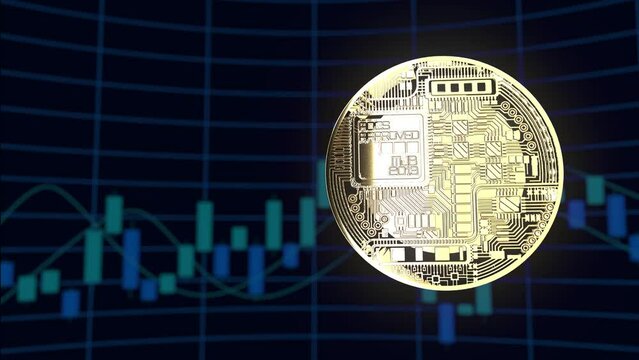 MONEDA BITCOIN GIRANDO CON FONDO DE VELAS FINANCIERAS