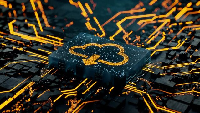 Data storage Technology Concept with cloud download symbol on a Microchip. Orange Neon Data flows from the CPU across a Futuristic Motherboard. Seamless Loop.