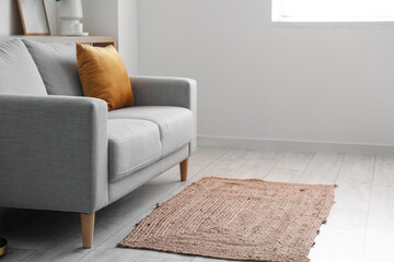 Grey sofa with rug in light living room