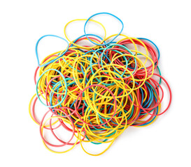 Heap of elastic rubber bands on white background