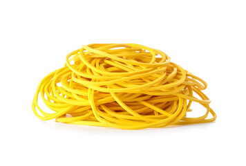 Heap of yellow rubber bands on white background