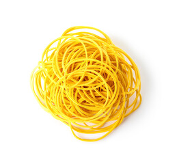 Heap of yellow rubber bands on white background