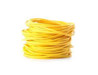 Stack of yellow rubber bands on white background