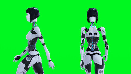 Female sexy robot walking. Green screen isolate. 3d render.