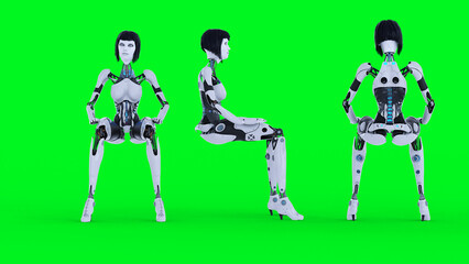 Female sexy robot sitting. Green screen isolate. 3d rendering.