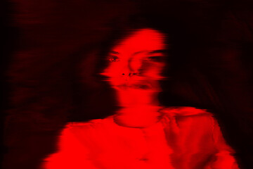 Fantasy, illusion and sci-fi concept. Abstract beautiful woman portrait in red neon futuristic...