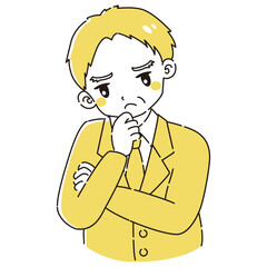 Obraz premium 腕を組んで悩むスーツを着たシニア男性のイラスト