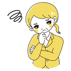 腕を組んで悩むスーツを着たシニア女性のイラスト