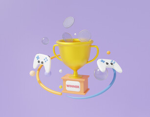 Minimal trophy cup icon with coin floating purple pastel background. cute smooth. champion 1st winner concept. joystick controllers game e-sport entertainment. 3d render illustration