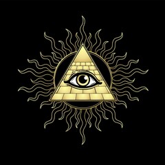Animation drawing: symbol of  Egyptian pyramid, all-seeing eye, sun rays. Egyptian history and mythology. Imitation of gold. Vector illustration isolated on a black background. Print, poster, logo.
