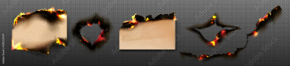 Poster burn craft paper borders, brown burnt pages with smoldering fire on charred uneven edges, damaged pa