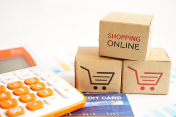 Online shopping, Shopping cart box with credit card , import export, finance commerce.