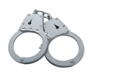 Metal handcuffs on a white isolated background, copy space