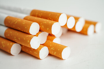 Cigarette, roll tobacco in paper with filter tube, No smoking concept.