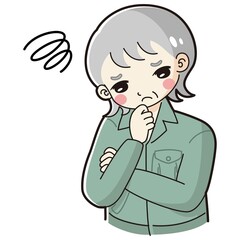 考え事をしている作業服を着たシニア女性のイラスト