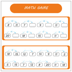 Mathematics educational game for children. Complete the row, write missing numbers. Solve the equation. Math activity for preschool kids and toddlers