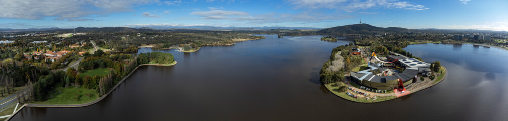 Aerial panoramic view of Lake Burley Griffin in the ACT Australia