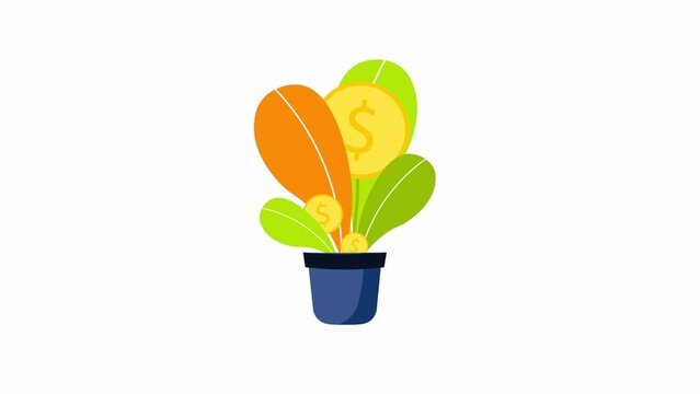 Growing plant in a pot with coins. Profit, income,  financial success, money making, investment  concept. Animation video.