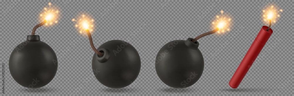 Poster bombs and dynamite stick with burning fuse. explosive military tnt weapon or firecrackers with spark