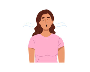 Obraz premium Young woman doing breathing exercises. Girl deep inhales and exhales air. Relaxation, healthy lifestyle concept. Flat style vector illustration isolated on white background