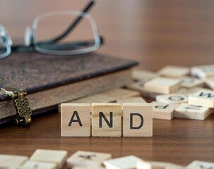 and word or concept represented by wooden letter tiles on a wooden table with glasses and a book