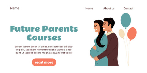 Future parents courses or classes banner background. Husband hugging his happy pregnant wife. School of motherhood and fatherhood advertising web landing page. Flat vector illustration