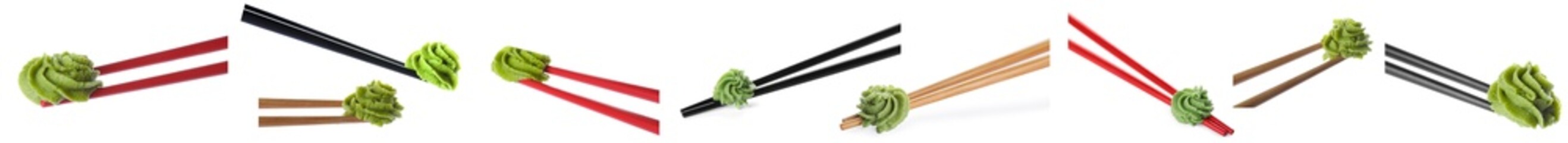 Set with spicy wasabi paste and chopsticks on white background, top view