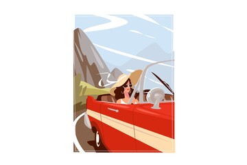Young woman posing in convertible car - obrazy, fototapety, plakaty