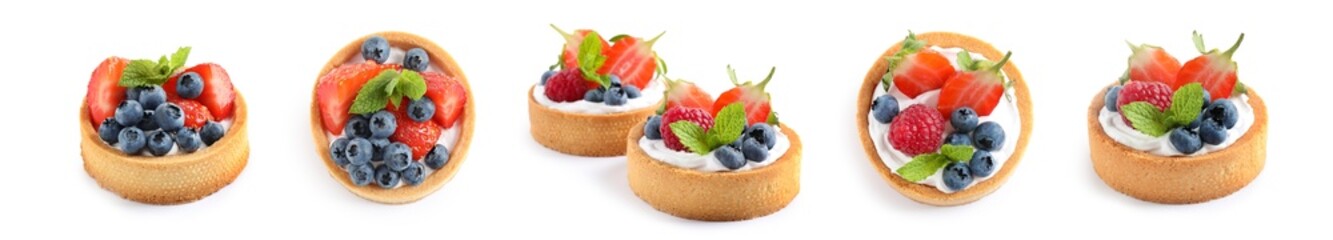Set of tasty sweet tartlets with fresh berries on white background. Banner design