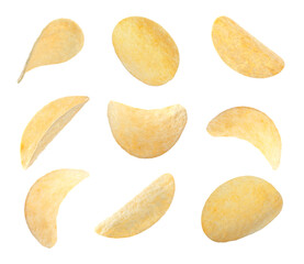 Set of fried crispy potato chips on white background