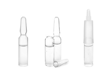 Set with glass ampoules with pharmaceutical products on white background