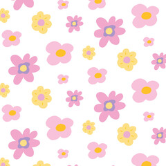 Groovy pattern with flowers. Retro pattern with pink flowers. Seamless pattern in 60s or 70s style. Vector illustration.