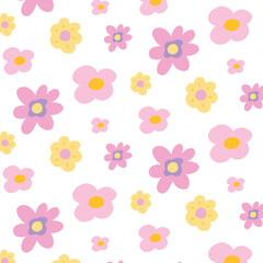Obraz premium Groovy pattern with flowers. Retro pattern with pink flowers. Seamless pattern in 60s or 70s style. Vector illustration.