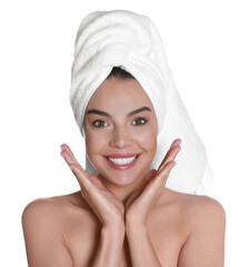 Beautiful young woman with towel on head against white background