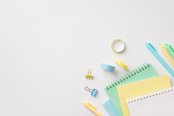 School supplies concept. Top view photo of stationery stack of notepads pens binder clips and...