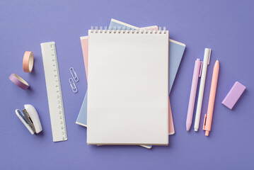 School supplies concept. Top view photo of copybooks pens adhesive tape stapler ruler clips and...