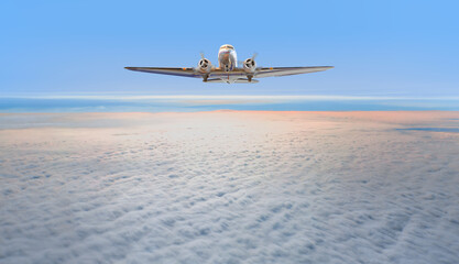 Fototapeta na wymiar Metallic airplane old propeller in the sky, Stormy clouds in the background